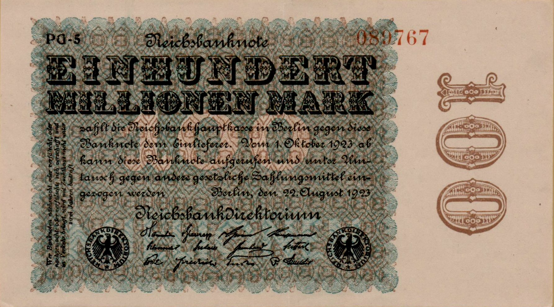 Germany 100000000 1923 UNC P-107/d